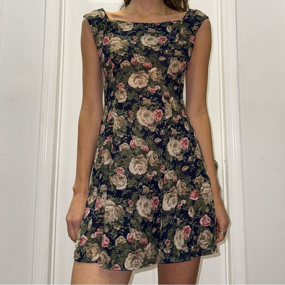 🌸 90s Rose Print Mini Dress | Vintage Floral Cottagecore Romantic Style
